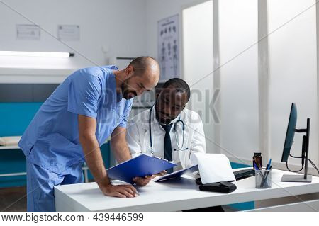 African American Doctor Explaining Illness Expertise Checking Medicine Prescription Discussing Healt