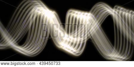 Abstract Concept Of Neon White Curve Pattern Waves Flowing Through The Isolated Black Background Wit