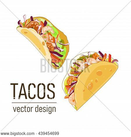 Tacos, Traditional Mexican Food, Shrimp And Meat With Vegetables In A Folded Tortilla, Sketch Style 