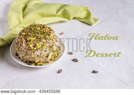Halva With Pistachios On White Background With Green Linen Napkin On Side And Halva Dessert Green Te