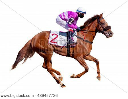 Horse Racing Jockey. Sport. Champion. Racetrack. Equestrian. Derby. Isolated On White Background