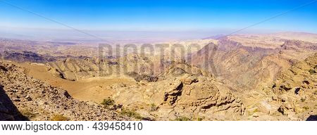 Panoramic View Of Desert Mountain Landscape, Near Petra, In Southern Jordan
