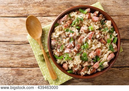 Arroz De Carreteiro Brazilian Rice With Dried Meat Close Up In The Bowl On The Table. Horizontal Top