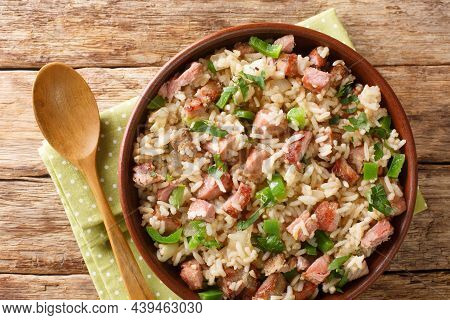Arroz Carreteiro Is A Hearty Rice And Meat Dish Close Up In The Bowl On The Table. Horizontal Top Vi