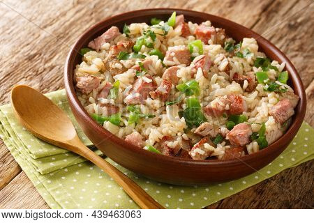 Arroz De Carreteiro Brazilian Rice With Dried Meat Close Up In The Bowl On The Table. Horizontal