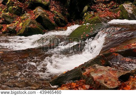 Carpathian Mountain Waterfall Shypot. Autumn Landscape With A Waterfall. Close-up Of Water