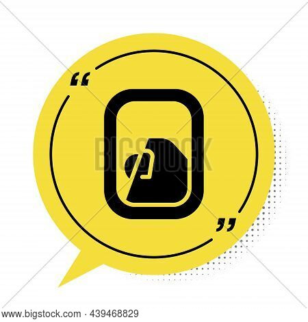 Black Airplane Window Icon Isolated On White Background. Aircraft Porthole. Yellow Speech Bubble Sym