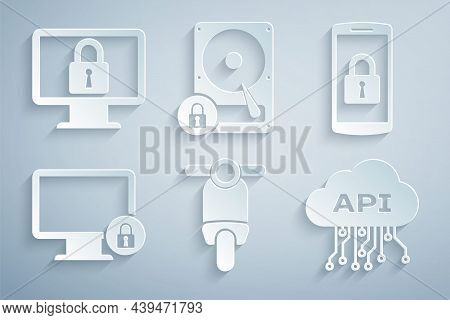 Set Scooter, Smartphone With Lock, Lock Monitor, Cloud Api Interface, Hard Disk Drive And And Icon. 