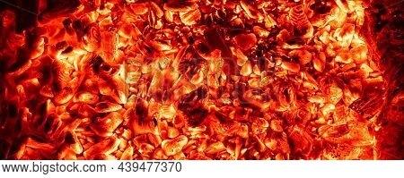 Top Above Overhead Detail View Od Abstract Hot Red Burning Wooden Coal Background In Bbq Grill Brazi