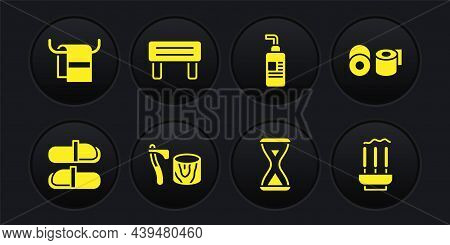 Set Sauna Slippers, Toilet Paper Roll, Wooden Axe In Stump, Hourglass, Cream Or Lotion Cosmetic Tube