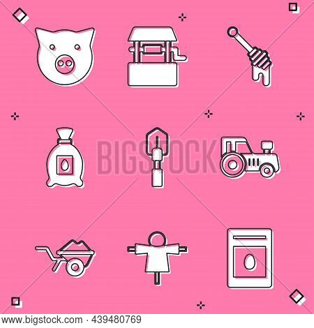 Set Pig, Well, Honey Dipper Stick, Pack Full Of Seeds Of Plant, Shovel, Tractor, Wheelbarrow With Di