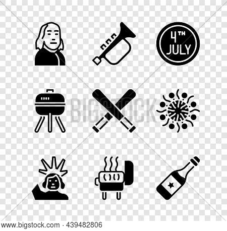 Set Benjamin Franklin, Trumpet, Calendar With Date July 4, Statue Of Liberty, Barbecue Grill, Champa
