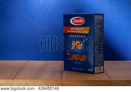 Prague,czech Republic - 26 September ,2021: Barilla Penne Rigate Integrale On The Wood Table.  Baril