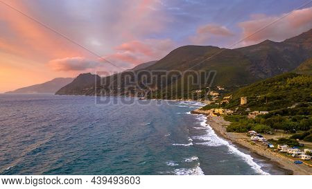 Aerial View Of Corsican Coast On Cap Corse Near Farinol. Corsica, France.