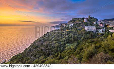 Mountain Village Of Nonza With View Over The Mediteranean Sea On Cap Corse, Corsica, France