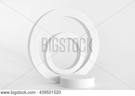 White Podium On The White Background, Simple Geometric Forms. Podium For Product, Cosmetic Presentat