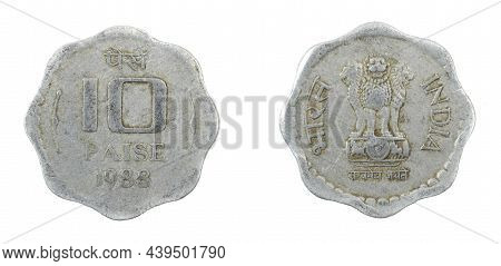 India Ten Paise Coin On White Isolated Background