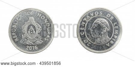 Honduras Twenty Centavos Coin On White Isolated Background