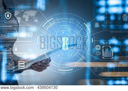 Office Woman With Digital Device, Double Exposure With Big Data Storage And Key With Binary System, 