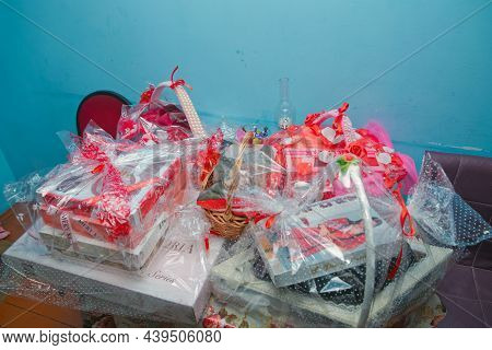 A Basket Of Sweets Is Standing On The Table. Engagement Accessories. Engagement Basket. Gift Box . A