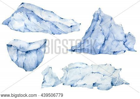 Watercolor Icebergs Set Isolated On The White Background. Ice Mountains. Glasier Mass. Snow Slides.
