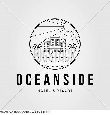 Minimalist Oceanside Architecture Or Hotel Building Line Art Logo Vector Illustration Design