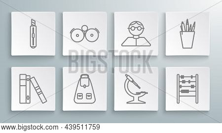 Set Line Office Folders With Papers And Documents, Ringing Alarm Bell, School Backpack, Microscope, 