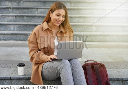 Young Entrepreneur. University Student. Working On Laptop. Computer Network. Sitting Outdoors. Study