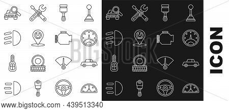 Set Line Speedometer, Car, Engine Piston, Service, High Beam, Search And Check Engine Icon. Vector