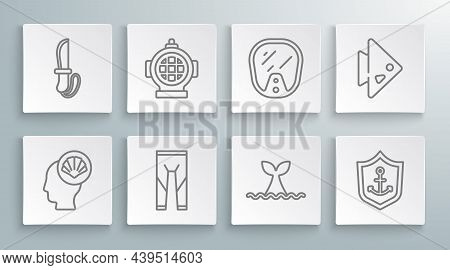 Set Line Scallop Sea Shell, Aqualung, Wetsuit, Whale Tail In Ocean Wave, Anchor Inside Shield, Divin