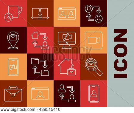 Set Line Video Chat Conference, Magnifying Glass With Briefcase, Camera, Online Working, Time Manage