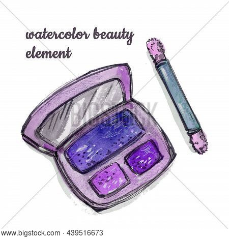 Watercolor Makeup Open Purple, Violet And Pink Eyeshadows And Brush On White Background. Fashion Ill