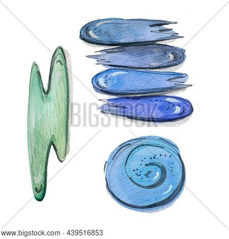 Watercolor Set Makeup Blue And Green Smear On White Background. Fashion Illustration