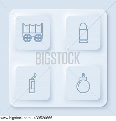 Set Line Wild West Covered Wagon, Bullet, Dynamite Bomb And Bomb Ready To Explode. White Square Butt