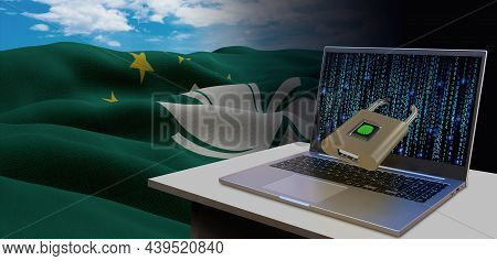 Waving National Flag Of The Macau. Concept For Information Technology And Data Security Safety To Pr