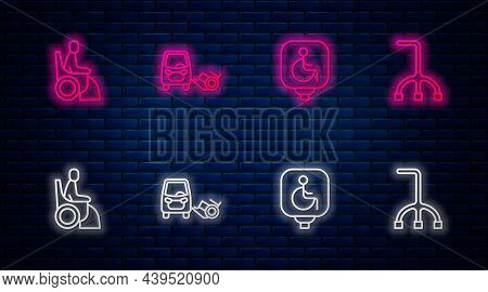 Set Line Disabled Car, Wheelchair, Woman In And Walking Stick Cane. Glowing Neon Icon On Brick Wall.