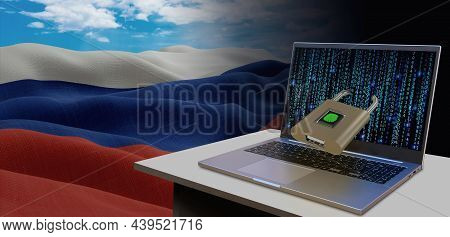 Waving National Flag Of The Russia. Concept For Information Technology And Data Security Safety To P