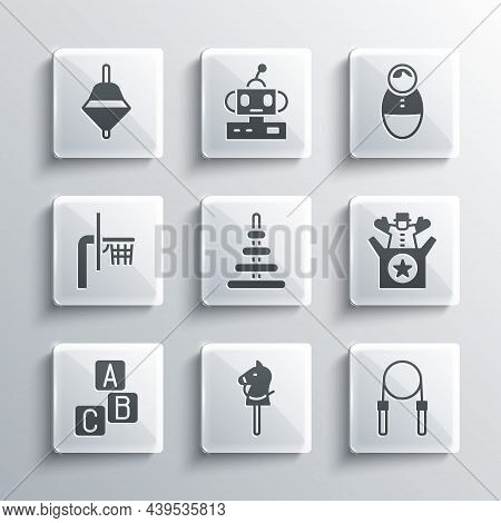 Set Toy Horse, Jump Rope, Jack In The Box Toy, Pyramid, Abc Blocks, Basketball Backboard, Whirligig 