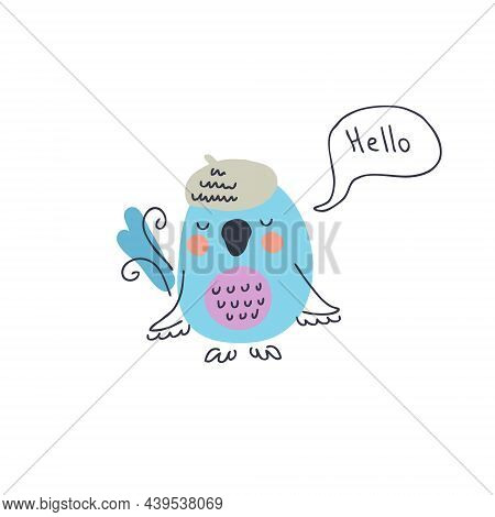 Cute Blue Bird Say Hello Vector Illustration. Hand Drawn Lilac Breasted Roller. Perfect For T-shirt,