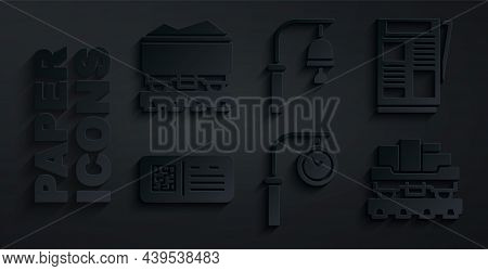 Set Train Station Clock, News, Qr Code Ticket Train, Cargo Wagon, Bell And Coal Icon. Vector