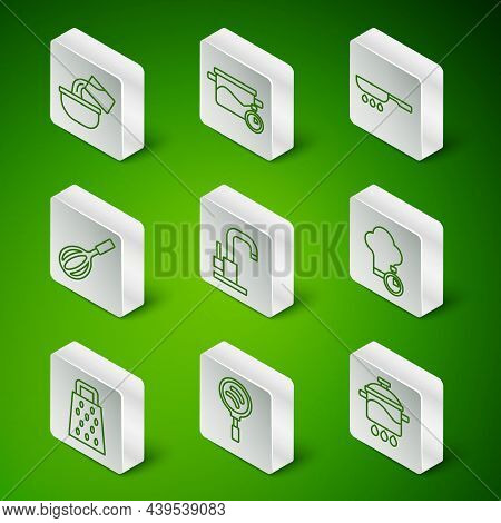 Set Line Cooking Pot, Frying Pan, Saucepan, Water Tap, Kitchen Whisk, Grater And Chef Hat Icon. Vect