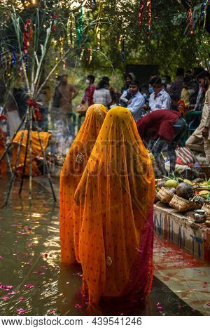 Delhi, India: 13 November 2021 - Indian Women Celebrating Chhath Pooja After Diwali. Indian Women Dr
