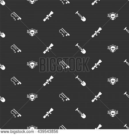 Set Shovel, Deer Antlers On Shield, Fishing Rod And Sniper Optical Sight On Seamless Pattern. Vector