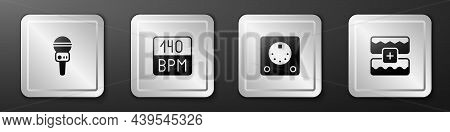 Set Microphone, Bitrate, Drum Machine And Music Wave Equalizer Icon. Silver Square Button. Vector