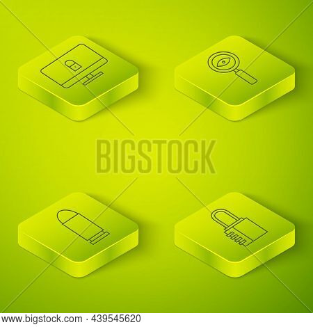 Set Isometric Magnifying Glass Search, Bullet, Safe Combination Lock And Lock On Computer Monitor Ic