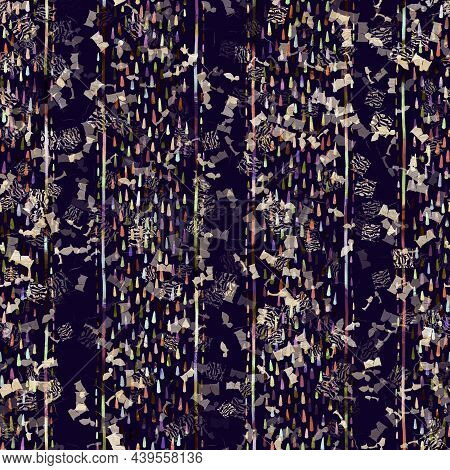 Exotic Multicoloured Boho Stripe Line Print. Seamless Autumnal Dark Ground Detailed Repeat Pattern. 