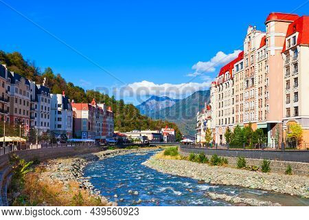 Mzymta River Embankment In Rosa Khutor. Roza Khutor Is An Alpine Ski Resort Located Near Krasnaya Po