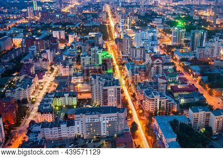 Yekaterinburg Aerial Panoramic View At Night. Ekaterinburg Is The Fourth Largest City In Russia And 