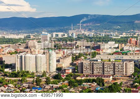 Krasnoyarsk City Aerial Panoramic View From Karaulnaya Mountain Viewpoint In Krasnoyarsk, Russia
