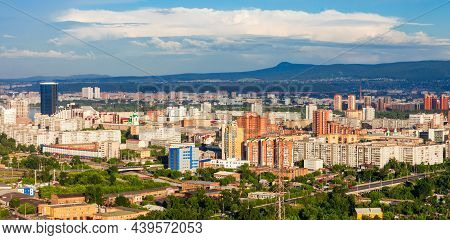 Krasnoyarsk City Aerial Panoramic View From Karaulnaya Mountain Viewpoint In Krasnoyarsk, Russia